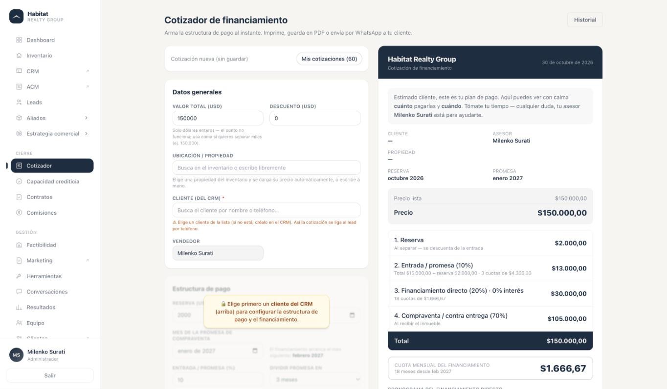 Cotizador de financiamiento con reserva, entrada y cuotas