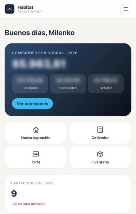 Plataforma Habitat en el celular: comisiones, accesos rápidos y captaciones del mes