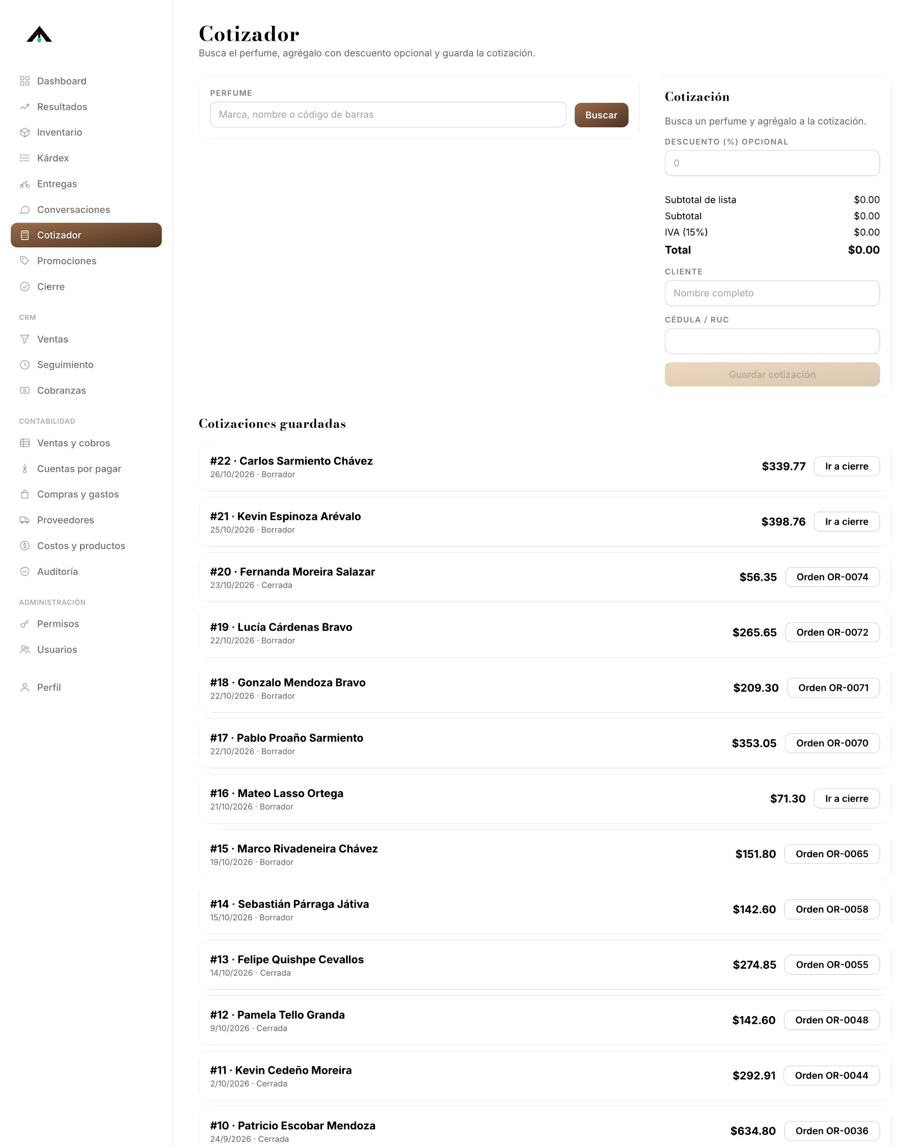 Cotizador de perfumes con descuento y cotizaciones guardadas