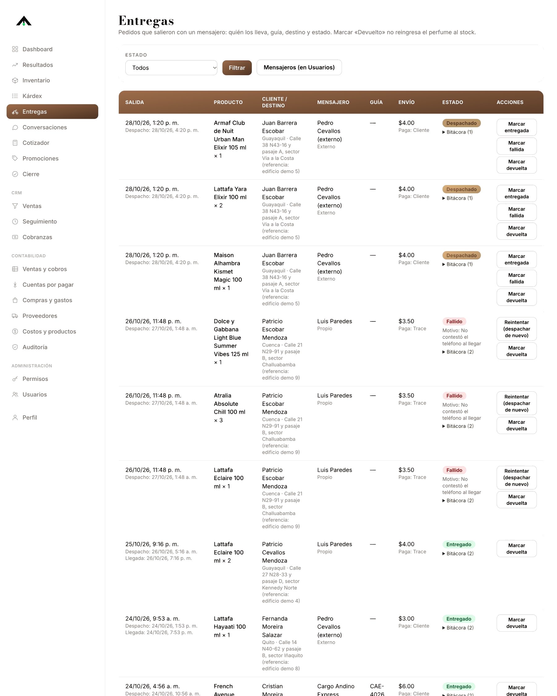 Panel de entregas con motorizados y estados