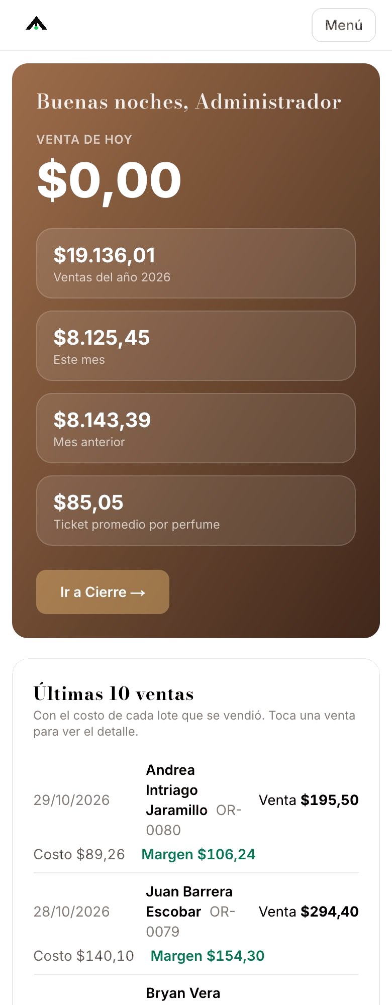 Panel del sistema en el celular con ventas del día y del año