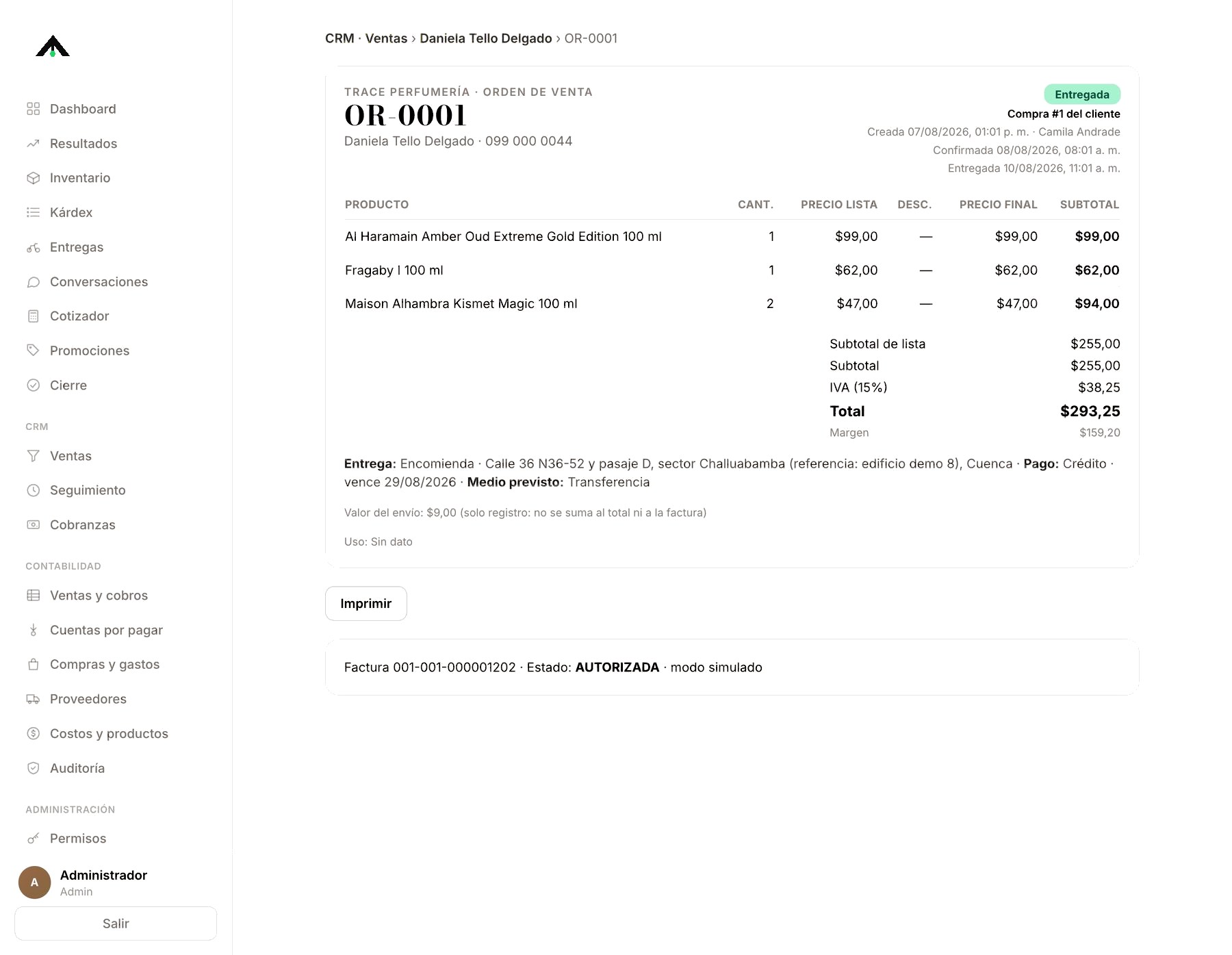 Detalle de una orden con productos, descuentos, pago y entrega