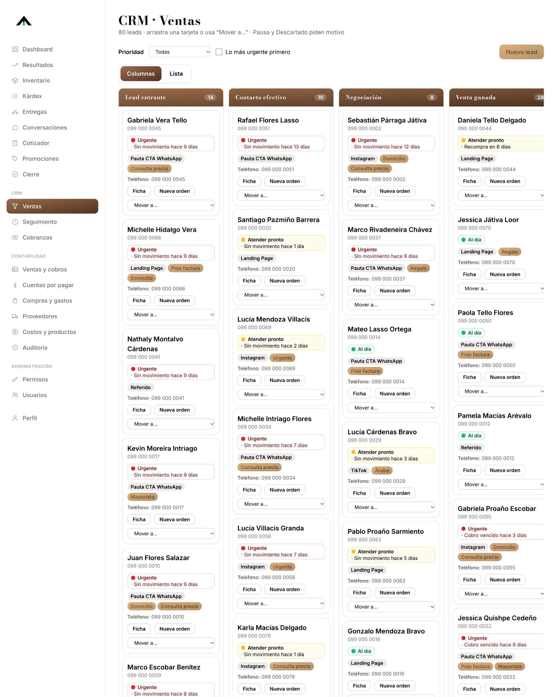 Pipeline de ventas por etapas con alertas de seguimiento