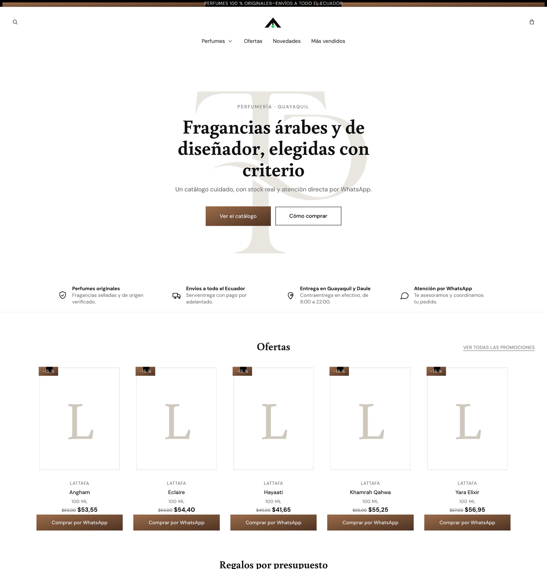 Inicio de la tienda en línea con catálogo de fragancias
